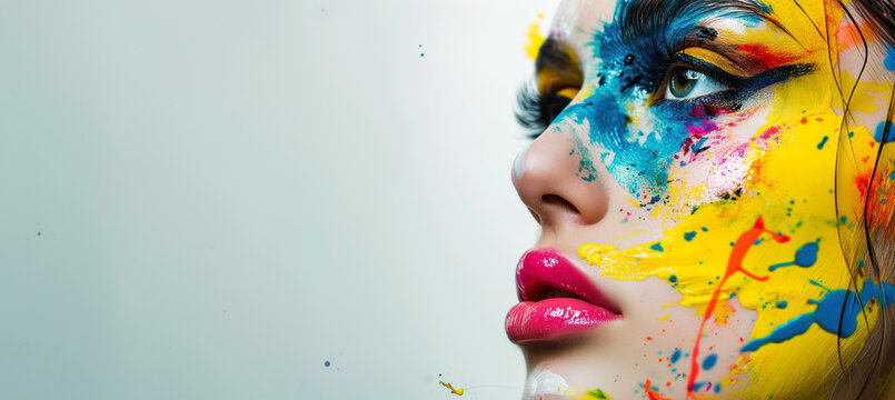 Woman with colour on her face Woman with colorful face touching face. Face paint. Makeup Time. Beauty Portrait of Woman with Artistic Make-Up. Colorful painting over the models face
