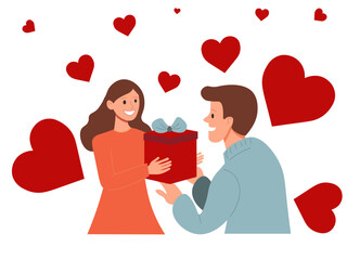 man giving gift to his girlfriend. Couple in love. Concept for Birthday, Valentine's Day or Holidays. Flat vector. illustration on white background.