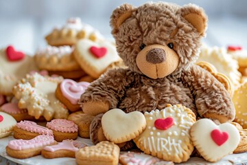 Teddy bear surrounded by heart-shaped cookies on a birthday dessert table against an isolated white background the sweet treats and the bear's endearing presence adding warmth and charm
