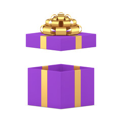 Expensive purple gift box with open cap golden bow ribbon festive package 3d icon realistic vector