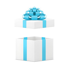 White empty gift box with open cap and festive bow ribbon package 3d icon realistic vector