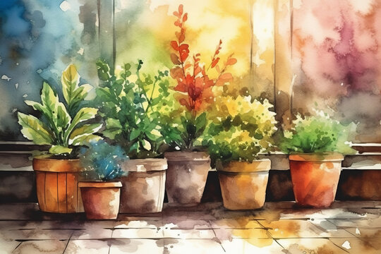 Vibrant Blooms: Potted Colorful Flowers in Watercolor Style
