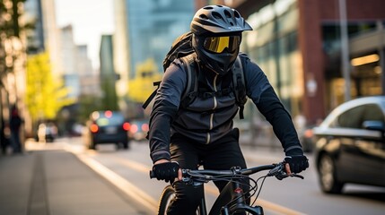Cyclist wearing protective gear rides bicycle in urban area - obrazy, fototapety, plakaty