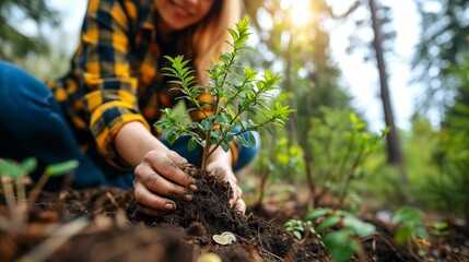 Young woman planting sapling in soil, connection with nature