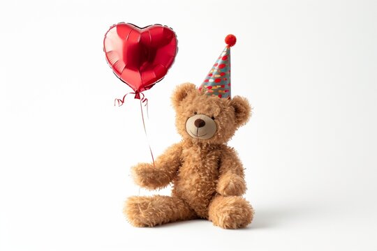 Birthday teddy bear wearing a party hat and holding a heart-shaped balloon placed on an isolated white background the playful and celebratory image for a joyful birthday