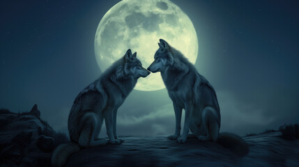 A couple of grey wolf in love,looking at each other, front of the full moon.