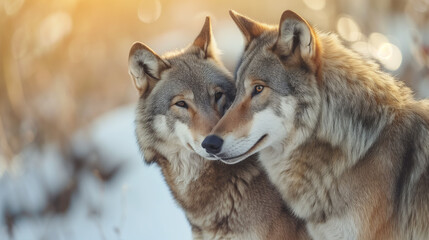 Fototapeta premium Couple of wolves in the winter forest. Beautiful wild animals.
