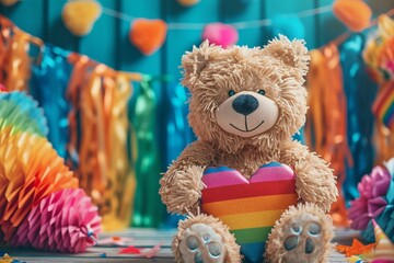 Teddy bear with a heart-shaped pi?+/-ata ready for a birthday bash the vibrant colors and playful elements adding excitement to the scene of a lively and fun celebration