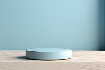 Blue podium on marble floor with blue background