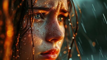 Close-up of a young woman's face in the rain with glistening water
