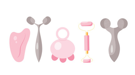 Set with facial and body massagers, gua sha quartz stone and rollers. Hand drawn illustrations in flat design