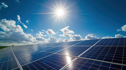 Sunlight reflected on solar panels and blue sky background, photovoltaic cells.