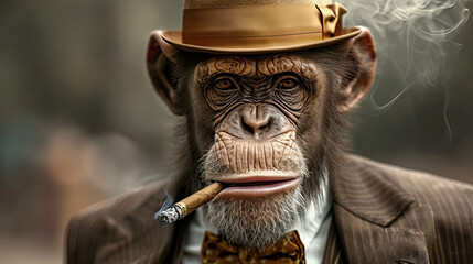 stylish boss chimpanzee in a suit and bowler hat smokes a cigar, banner, poster - obrazy, fototapety, plakaty