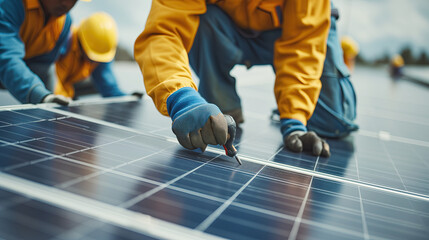 Low angle view of engineer with drill installing solar panels