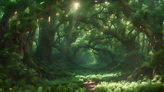 Fantasy forest. Fairy tale magical morning forest with beautiful sunlight. Magical particles swirl among the fantastically enchanted trees. Mystical woods. sparkling lights