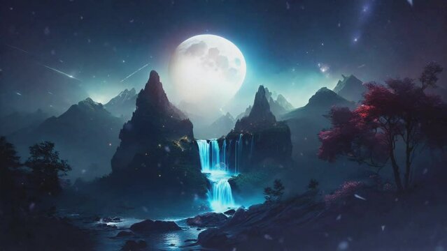 waterfall at night with big moon and shooting stars