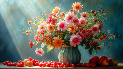Beautiful bright still life with multi-colored flowers