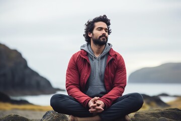 Man in red jacket meditating on beach