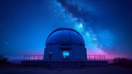 Astronomical observatory under starry night sky with milky way