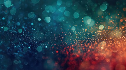 bokeh lights and glowing particles on a dark background. a gradient of colors from turquoise to deep blue before transitioning into a warm orange-red hue. - obrazy, fototapety, plakaty