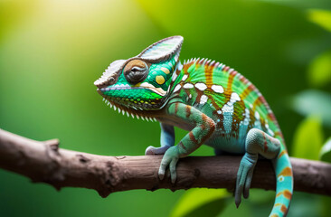 A chameleon sits on a branch in its natural habitat.