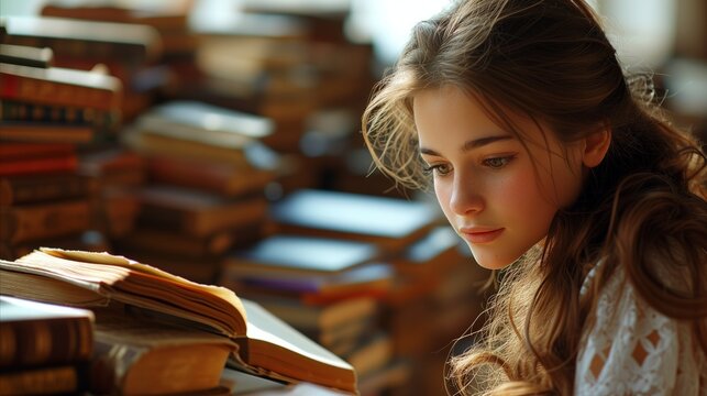 Thoughtful young woman surrounded by books in library