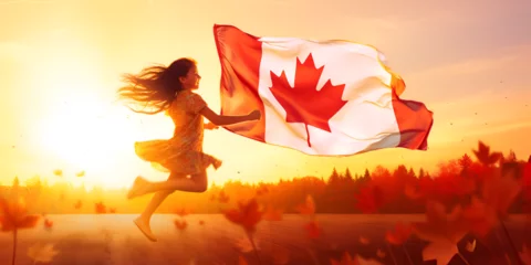 Foto op Plexiglas Capturing the Essence of National Elation: A Woman Holds a Flag that Proudly Proclaims 'Canada,' Symbolizing a Heartfelt Connection generative AI © Laiba