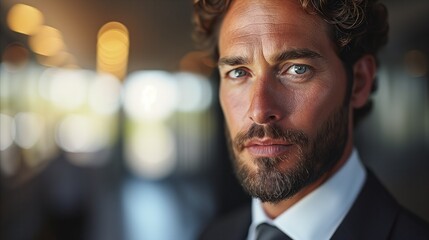 Confident businessman in suit with intense gaze in corporate environment