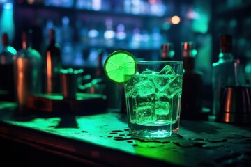 absinthe cocktail drink on pub counter with neon green light. St Patrick's day color palette. Nightlife and bar hopping.