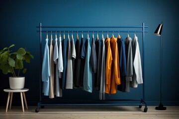 minimal rack with blue color palette male clothes on hangers. Open closet, dressing room for wardrobe at bachelor's apartment interior. Man outfits store. - obrazy, fototapety, plakaty