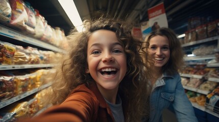 Obraz premium Happy mother and daughter taking selfie in grocery store
