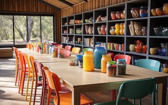 Brightly colored jars and craft supplies on a modern classroom table - Powered by Adobe