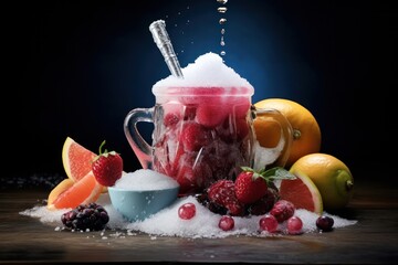 frozen fruit and berries and sugar cubes on black background. Fructose and glucose consumption level concept. Diabetic and diabetes disease.