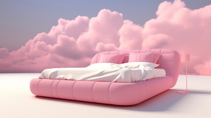 pink fluffy bed in a dreamy cloudscape