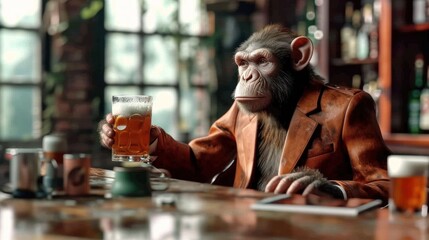 Chipanzee in a brown leather jacket drinks a glass of beer in a bar Pub, banner, poster