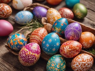 Fototapeta na wymiar close-up Colorfully decorated Easter eggs with intricate patterns displayed on a rustic wooden table
