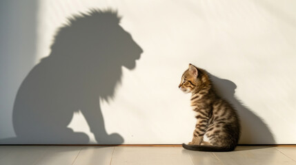 Whiskered Mirage: The Little Cat with a Lion's Shadow. Generative AI - obrazy, fototapety, plakaty