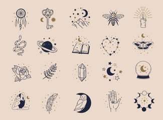 Magical icons, spiritual symbols, celestial: Moon and stars, mystical icons, hand drawn icons, vector doodle