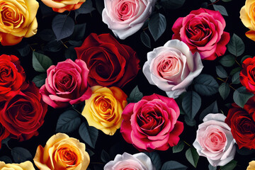 Obraz premium Seamless colorful roses on black background.