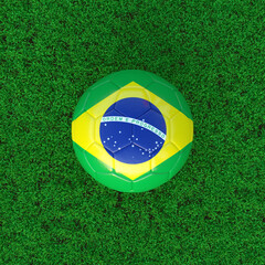 Flag Of Brazil On Soccer Ball With Grass Background