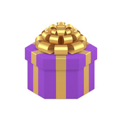 Purple luxury wrapped gift box with golden bow ribbon for holiday surprise 3d icon realistic vector