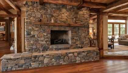 Fototapeta na wymiar fireplace in the house, grey stone walls, wooden ceiling and floor 
