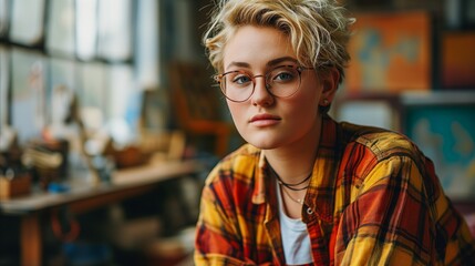 Stylish young woman with glasses in creative studio environment