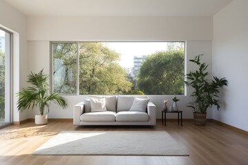 Modern living room interior with large windows and plants