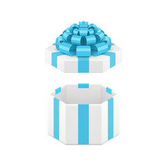 Elegant white hexagonal gift box with open cap and luxury blue bow ribbon 3d icon realistic vector