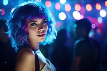 Fototapeta premium young beautiful woman with blue hair at party with neon purple cyan light at club. Nightlife and clubbing. Music, techno, pop, dancing. 