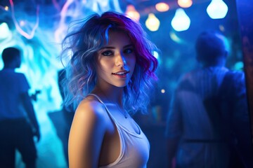 young beautiful woman with blue hair at party with neon purple cyan light at club. Nightlife and clubbing. Music, techno, pop, dancing. 