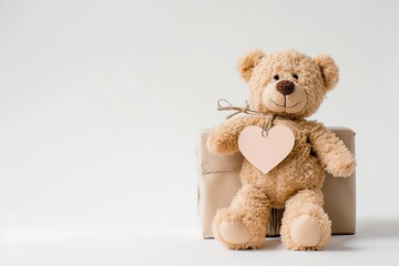 Teddy bear sitting on a birthday present against a clean white background a heart-shaped gift tag dangling from its paw symbolizing the affectionate gesture of a thoughtful surprise
