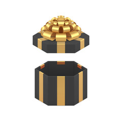 Black fashion hexagonal open gift box with luxury golden bow ribbon 3d icon realistic vector