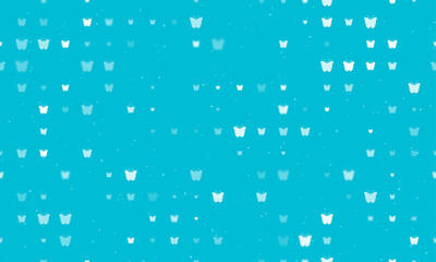 Seamless background pattern of evenly spaced white butterfly symbols of different sizes and opacity. Vector illustration on cyan background with stars